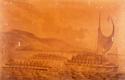 Kanus auf dem Weg, um Kapitän James Cook zu treffen von John Webber