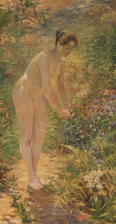 Stehender weiblicher Akt im Garten. Um 1900 von Josef Engelhart