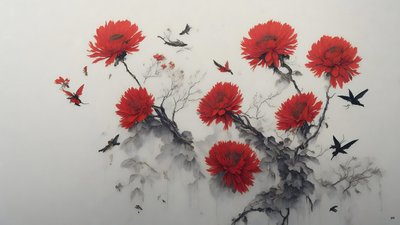 Tuschemalerei: Chrysanthemenblume in Rot_01 von Josef Johann Michel