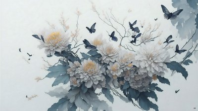 Tuschemalerei: Chrysanthemenblume in Weiß_01 von Josef Johann Michel