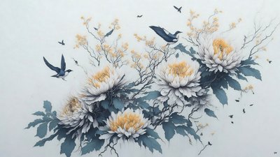 Tuschemalerei: Chrysanthemenblume in Weiß_02 von Josef Johann Michel