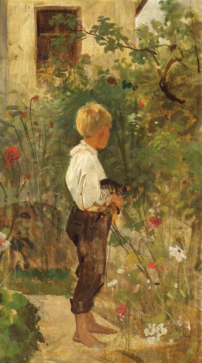 Knabe mit Katze im Garten von Joseph Hasslwander