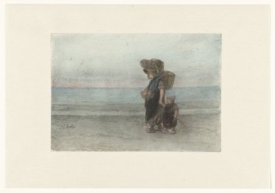 Frau mit Kind, am Strand entlanggehend von Jozef Israëls
