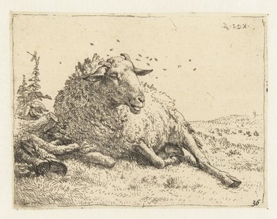 Schaf bei einem Baumstamm von Karel Du Jardin