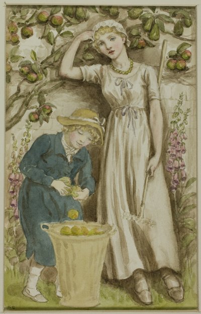 Mädchen und Junge beim Äpfelpflücken von Kate Greenaway