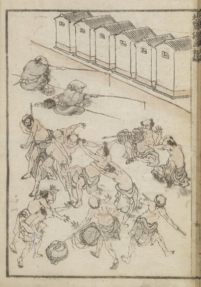 Männer beim Ringen und Fischen von Katsushika Hokusai