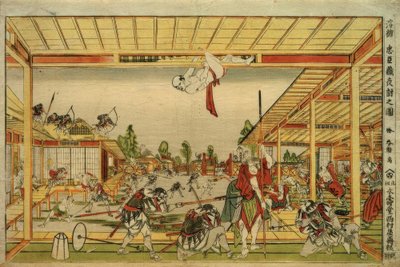 Perspektivbild des Nachtangriffs der 47 treuen Vasallen von Katsushika Hokusai