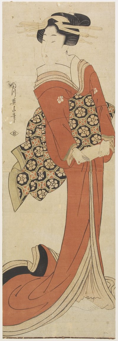 Frau, die eine Papierrolle hält von Kikukawa Eizan