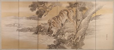 Sechsteilige Leinwand, die einen trinkenden Tiger darstellt von Kishi Ganku