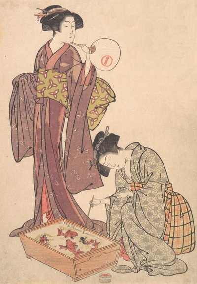 Zwei Frauen füttern Fische, 1739-1820 von Kitao Shigemasa