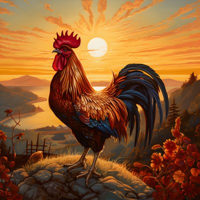 Ein krähender Hahn bei Sonnenaufgang von Kurt Heppke