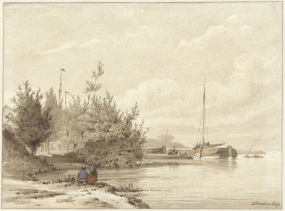 Landschaft mit festgemachten Booten an einem Flussufer von Lambertus  Hardenberg