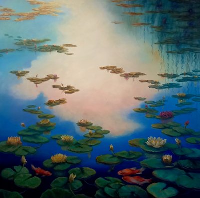 Seerosen und Goldfische, 2021 von Lee Campbell