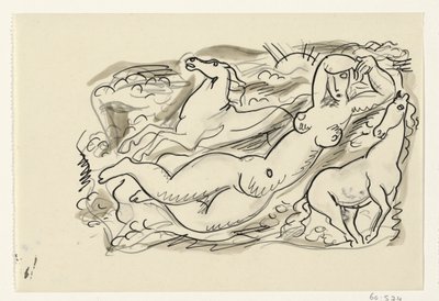 Nackte Frau und zwei Pferde im Meer von Leo Gestel
