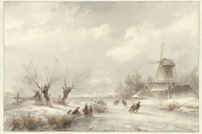 Winterlandschaft mit Schlittschuhläufern bei einer Mühle von Lodewijk Johannes Kleijn