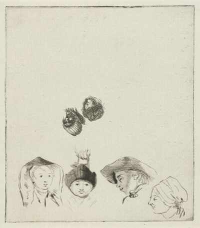 Studienblatt mit sechs Köpfen von Louis Bernard Coclers
