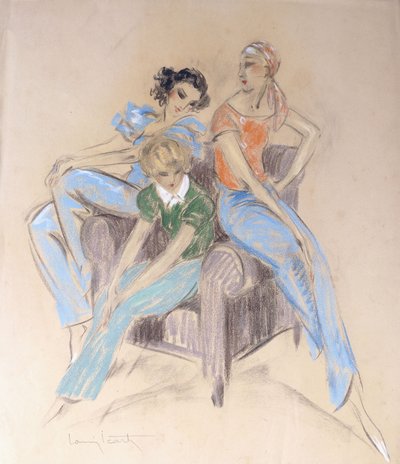 Drei Mädchen auf einem Sessel sitzend von Louis Icart
