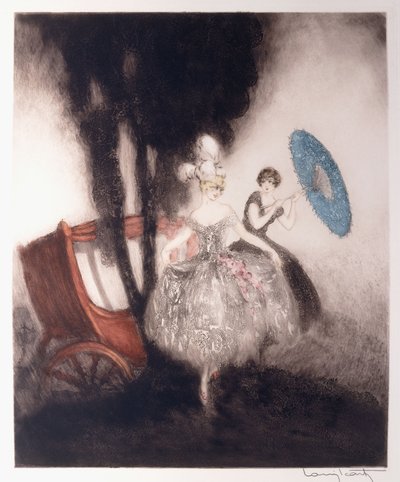 Zwei Mädchen bereiten sich darauf vor, in eine Kutsche zu steigen von Louis Icart