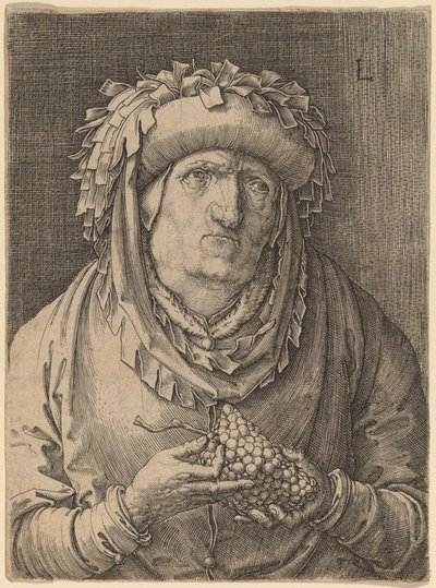 Die alte Frau mit Trauben von Lucas van Leyden