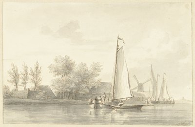 Flusslandschaft mit Segelschiff und Ruderboot von Martinus Schouman