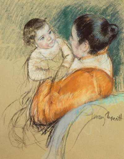 Mutter Louise hält ihr blauäugiges Kind hoch von Mary Cassatt