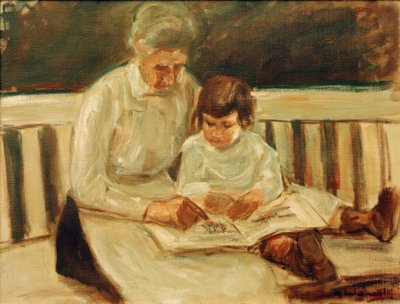 Enkelin und Kinderfrau auf der Gartenbank von Max Liebermann