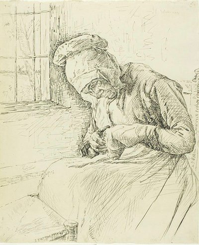 Alte Frau, die am Fenster flickt von Max Liebermann