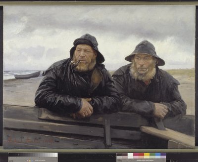 Zwei Fischer neben einem Boot von Michael Ancher