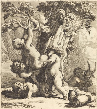 Putti und Faune klettern an einer Weinrebe von Michel Dorigny
