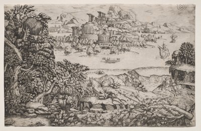 Landschaft mit einem Tempel über einem See von Monogrammist HI