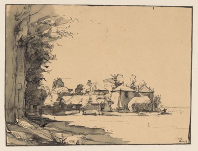 Studie eines Bauernhofs mit drei Heuschobern von Monogrammist JHR