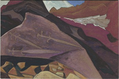 Drei Schwerter, Bilder auf Felsen, Lahul, 1936 von Nicholas Roerich