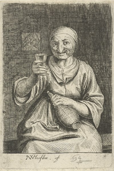 Alte Frau mit Glas und Krug von Nicolaes van Haeften