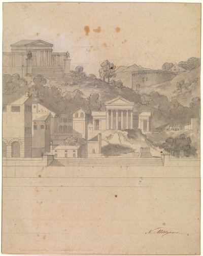 Landschaft mit antiken Gebäuden. Dekorationsentwurf von Nicolai Abildgaard