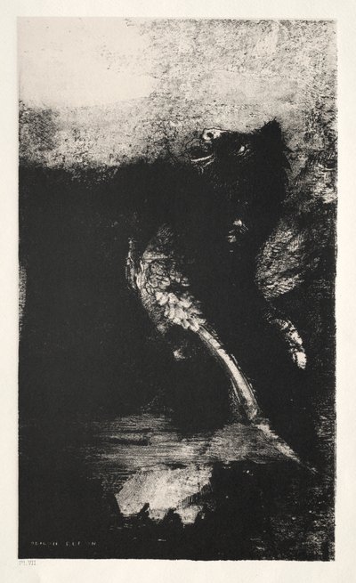 Die Chimäre mit grünen Augen dreht sich um und heult von Odilon Redon