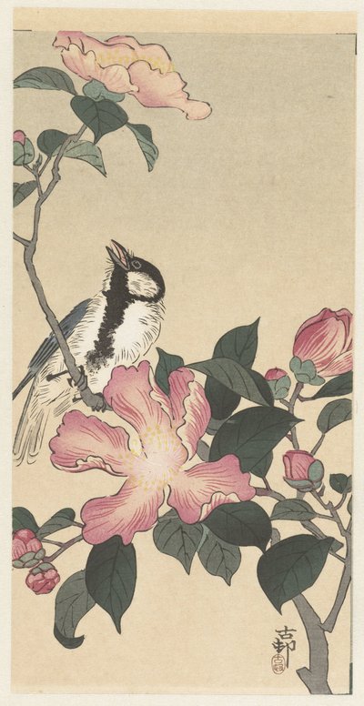 Kohlmeise auf einem Ast mit rosa Blumen von Ohara Koson