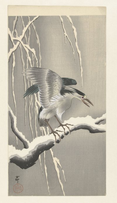 Nachtreiher auf verschneitem Ast von Ohara Koson