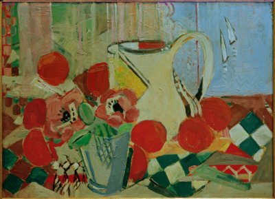 Stilleben mit weißem Krug und Kachelmuster von Oskar Moll