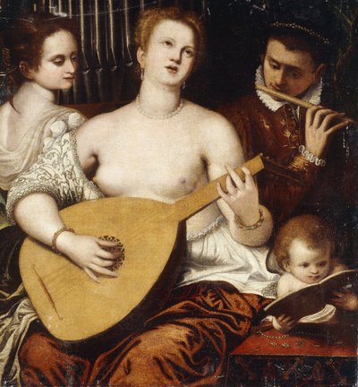 Zwei Mädchen und ein Jüngling machen Musik von Parrasio Micheli