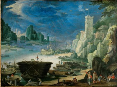 Nächtliche Hafenlandschaft mit Leuchtturm von Paul Bril