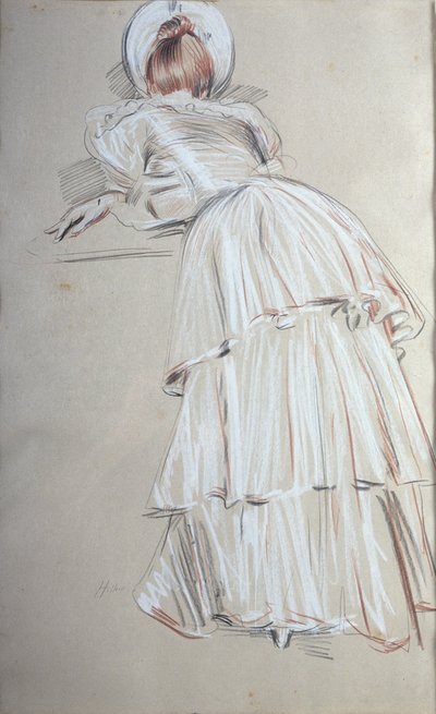 Frau steht und lehnt sich von hinten (Pastell) von Paul Cesar Helleu