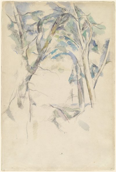 Bäume über Felsen geneigt von Paul Cézanne