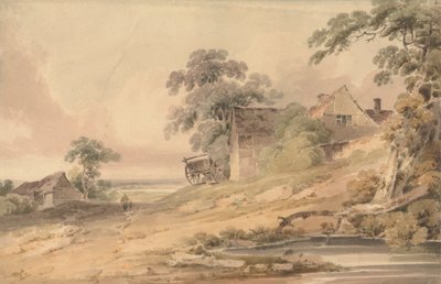 Landschaft mit Bauernhaus, Figuren und Teich von Paul Sandby Munn