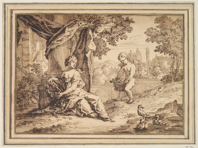 Frauen, die unter einer Säule mit Putto sitzen von Paul van Somer