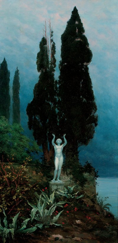 Eine Statue in einer Seelandschaft von Paul von Spaun