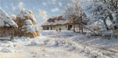 Verschneite Dorflandschaft mit rodelnden Kindern von Peder Monsted