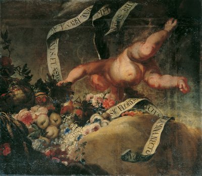 Putto mit Blumen, Früchten und Spruchband von Peter Strudel