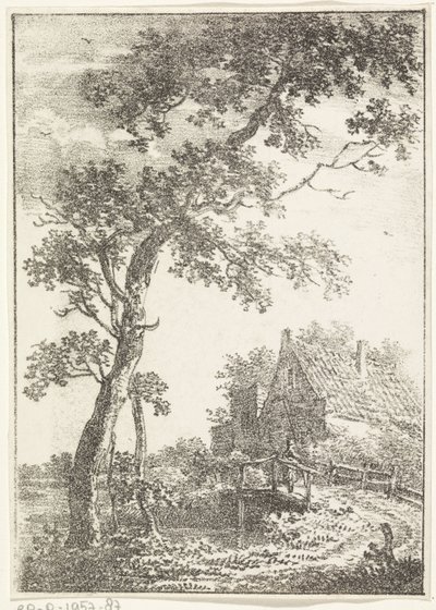 Landschaft mit Baum, Brücke und Haus von Pieter Bartholomeusz. Barbiers