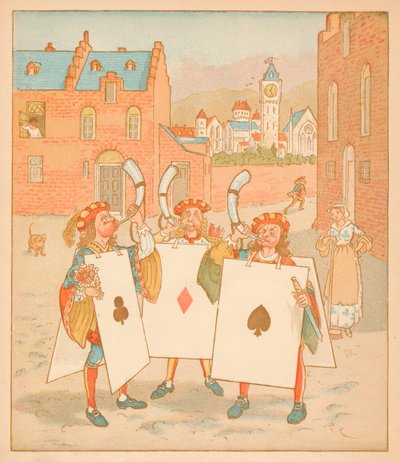Hornbläser, die Spielkarten tragen, 1880 von Randolph Caldecott