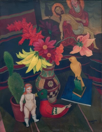 Stilleben mit nackter Puppe, Kaktus und Pietàbild von Rudolf Wacker